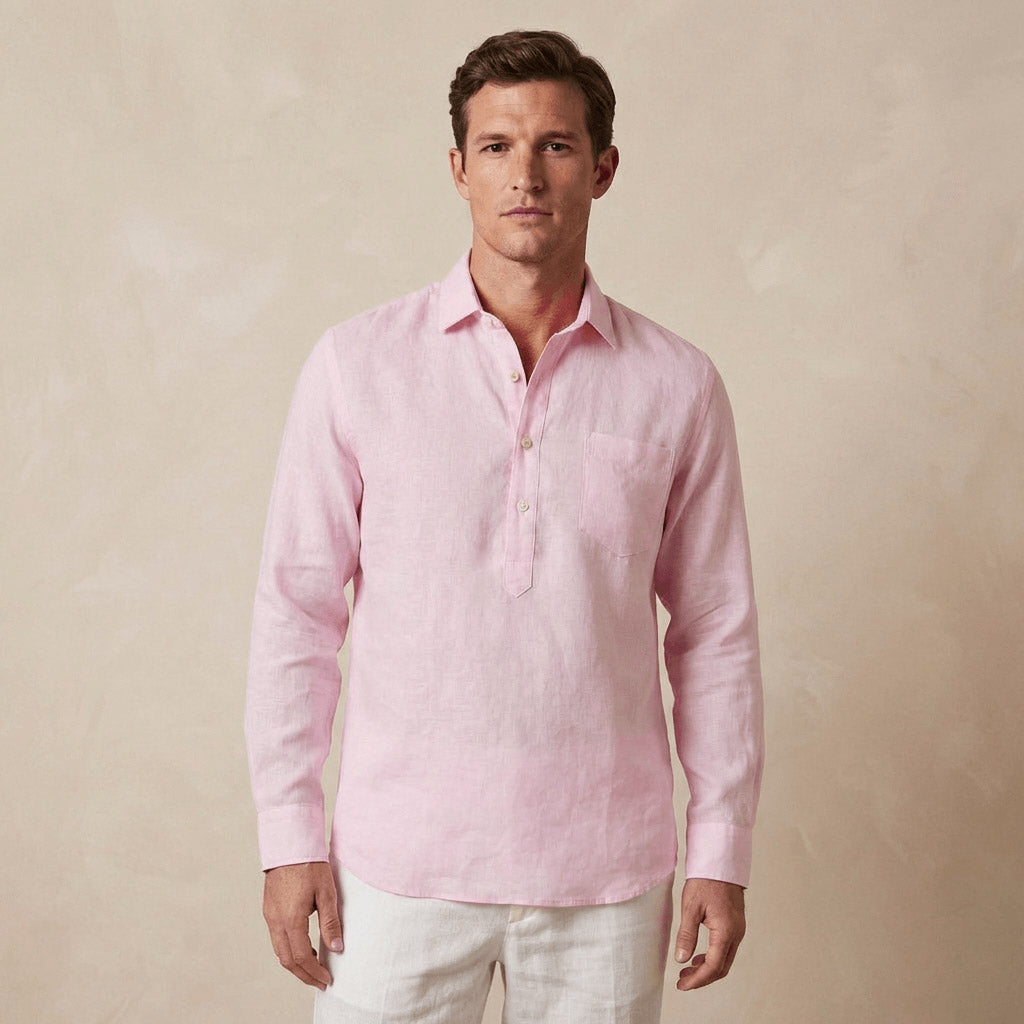 Man wearing a light pink long-sleeve hemp fabric shirt against a beige background