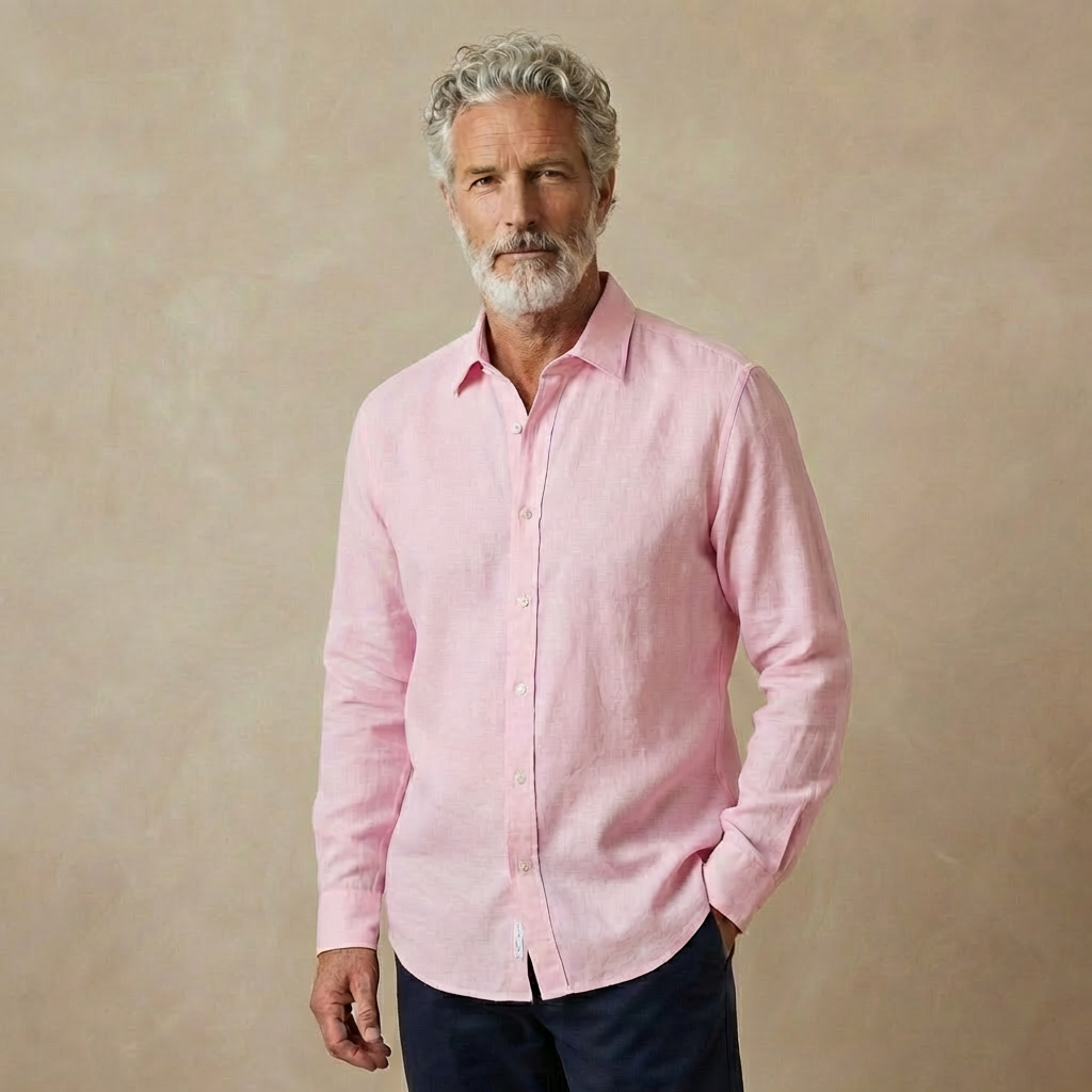 Man wearing a pink hemp shirt against a beige backdrop