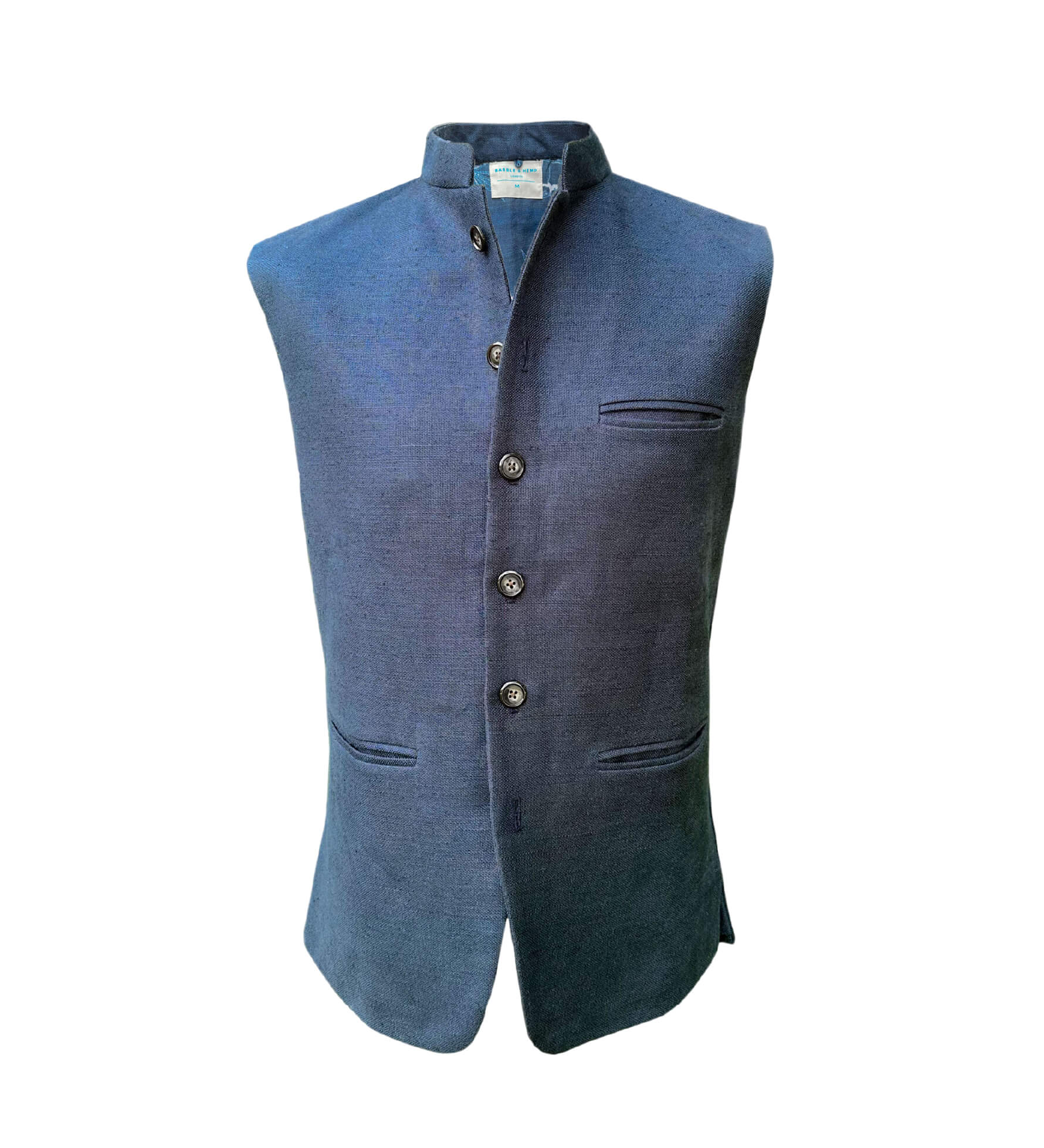 Navy blue coloured hemp fabric sleeveless nehru jacket standing on a mannequin with buttons on a white background