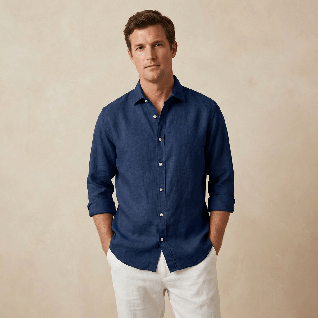 Man wearing a navy blue hemp shirt and white trousers against a beige background