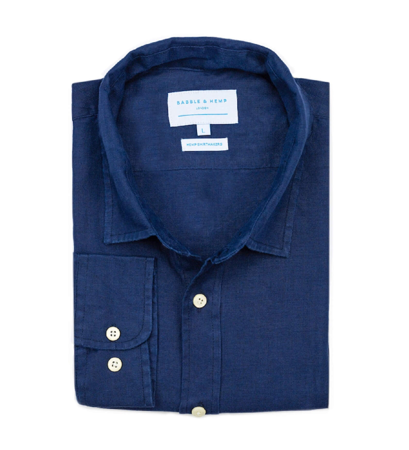 Folded blue shirt with a visible brand label on a white background