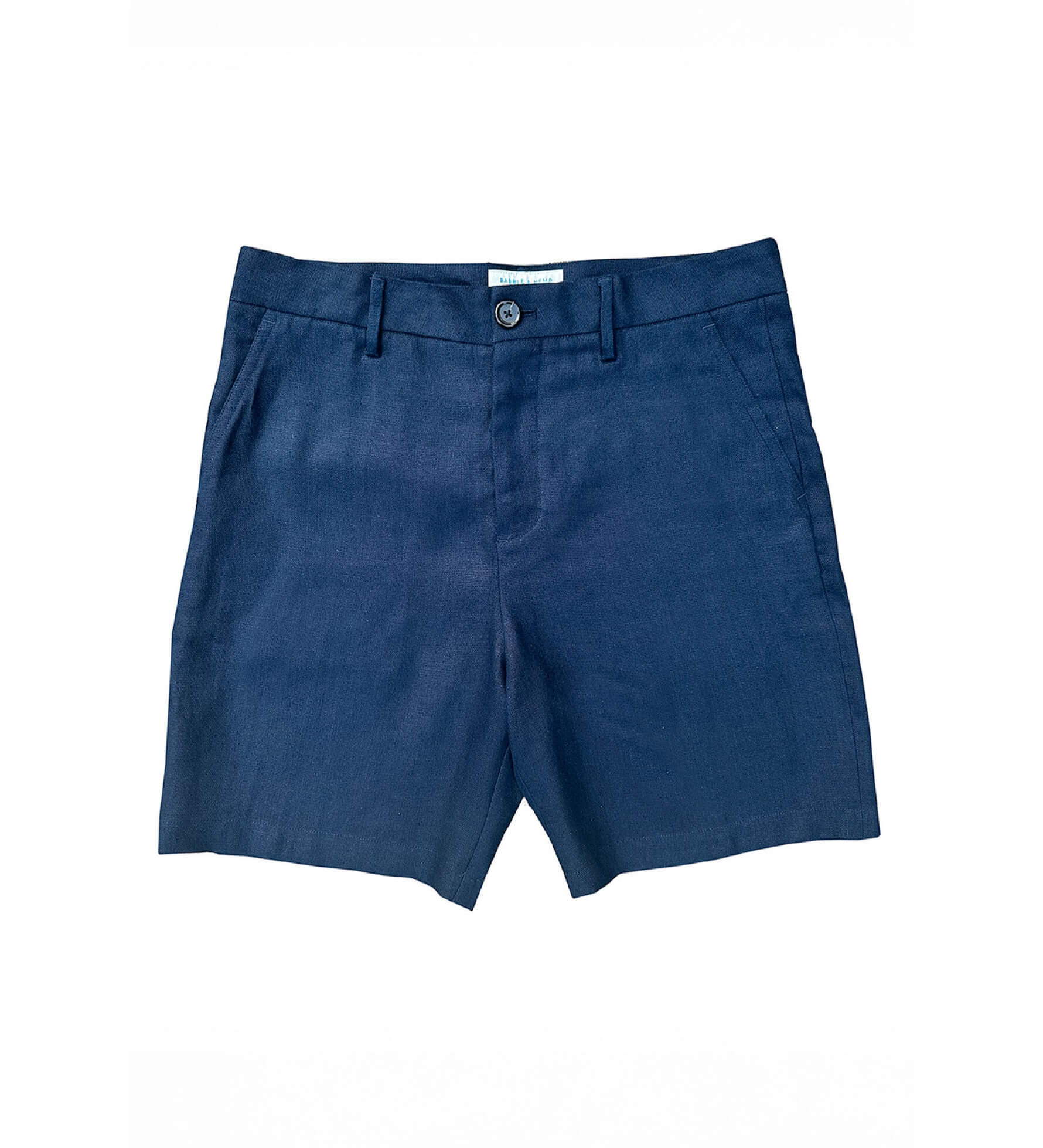 Blue hemp shorts laid flat on a white background