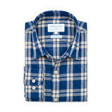 blue and white thick check winter heavy hemp shirt on a white background. shirt is folded nearly