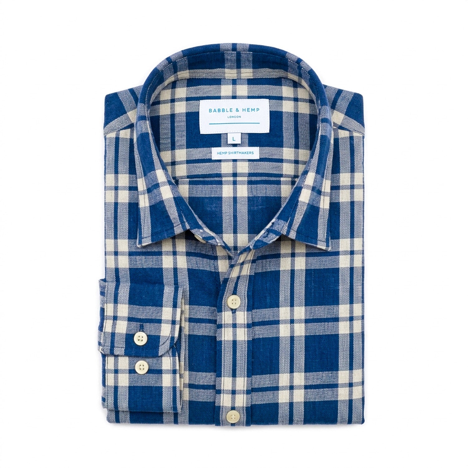 blue and white thick check winter heavy hemp shirt on a white background. shirt is folded nearly