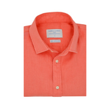 the front, primary e-commerce shot from the top down of a folded coral coloured hemp shirt on a plain white background
