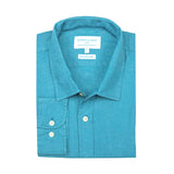 Folded turquoise hemp shirt with a visible brand label on a white background