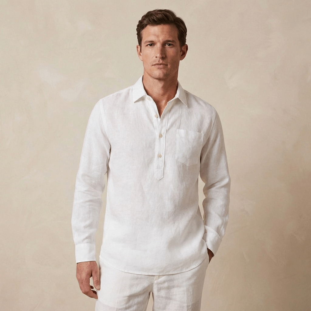 Man wearing a white long-sleeve shirt made from hemp fabric and trousers against a beige background