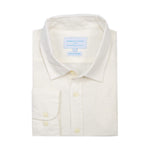 White dress shirt of hemp fabric with collar and button details on a white background