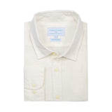 White dress shirt of hemp fabric with collar and button details on a white background