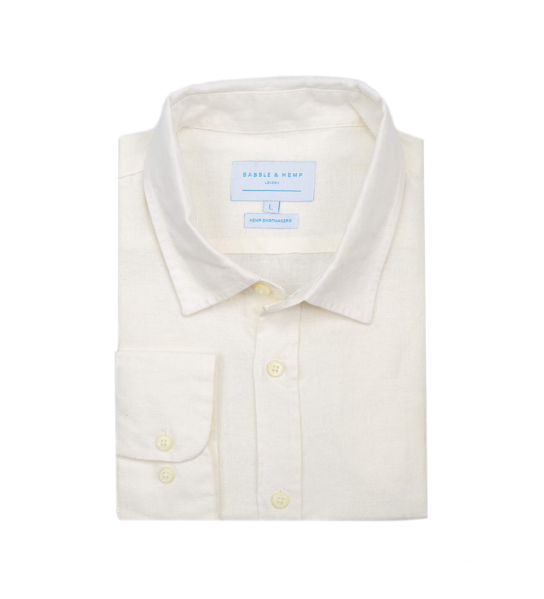 White dress shirt of hemp fabric with collar and button details on a white background