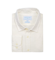 White dress shirt of hemp fabric with collar and button details on a white background