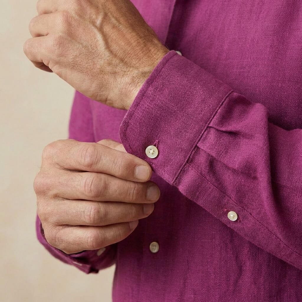 closeup shot of the cuff and button  being fastened on a hemp shirt colour purple