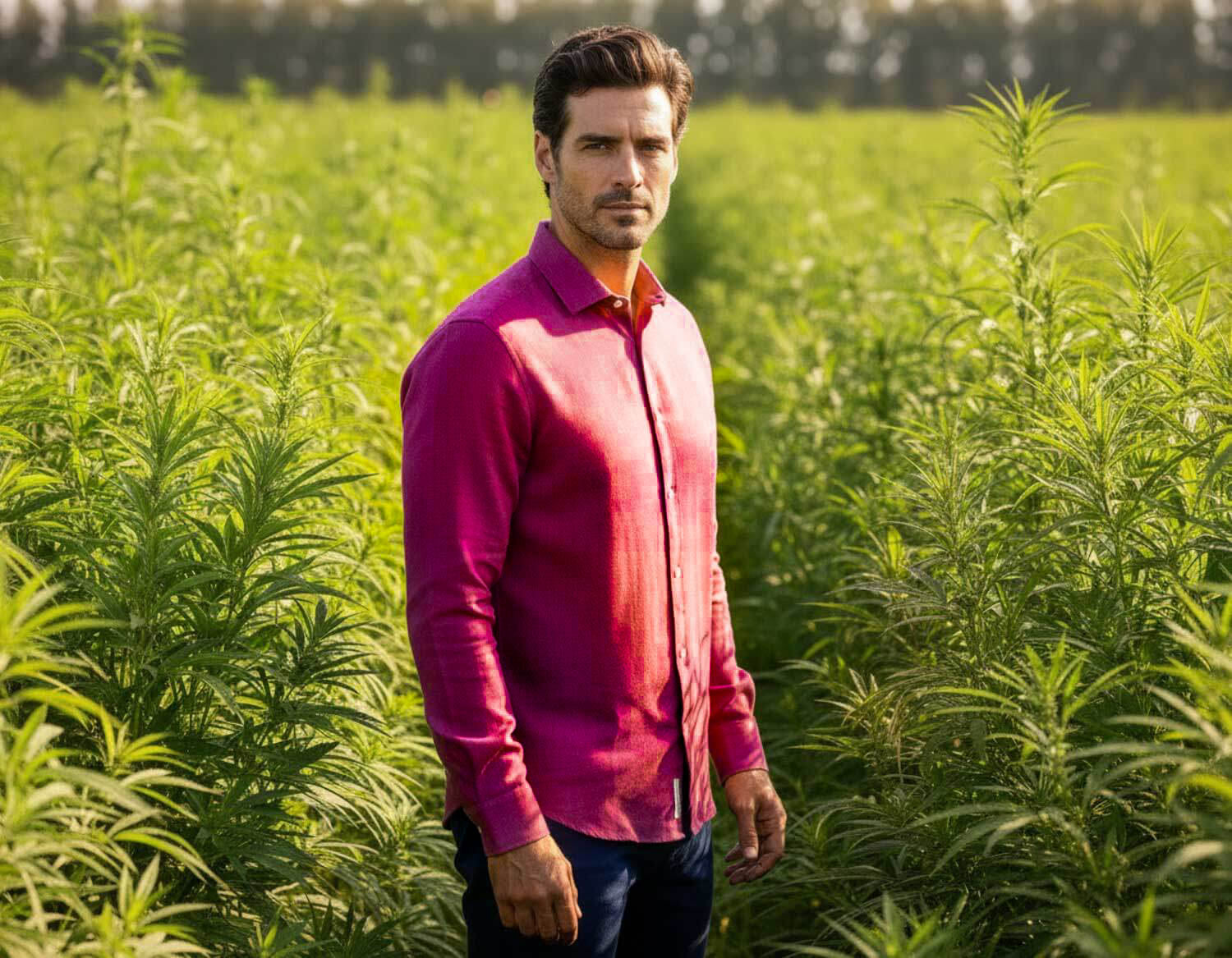 Man standing in a field of green plants wearing a purple shirt.
