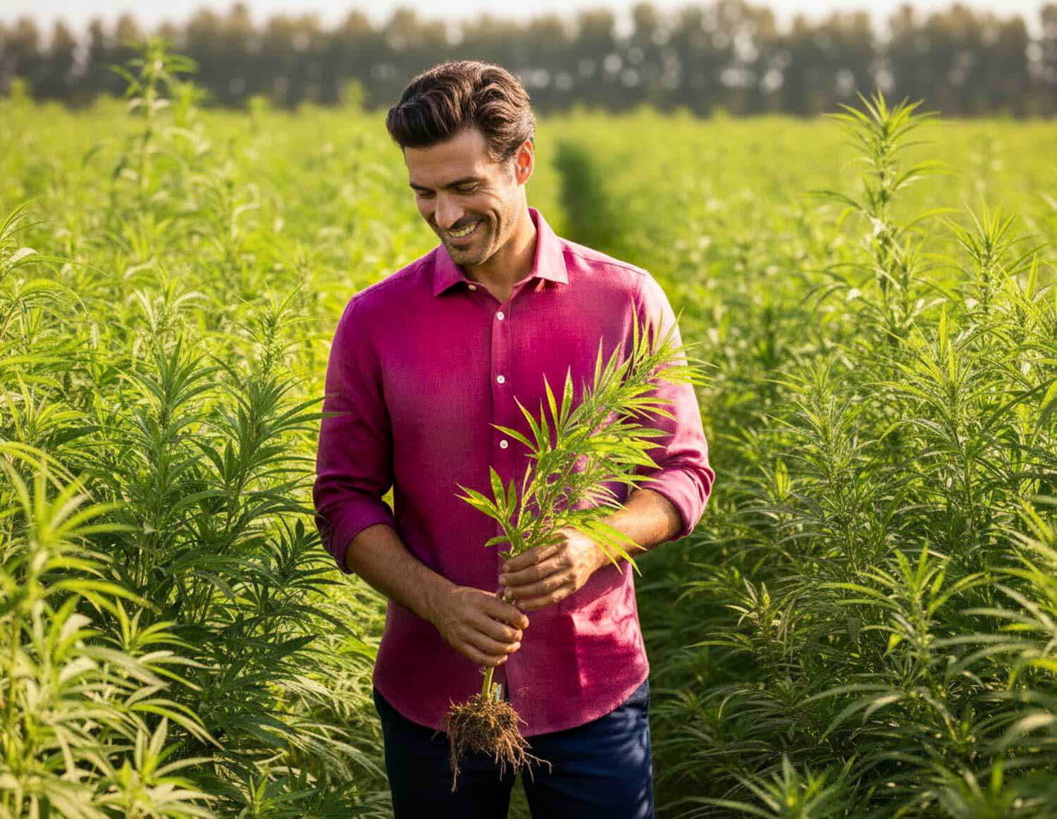 Man in a purple hemp fabric shirt holding a hemp plant in a field