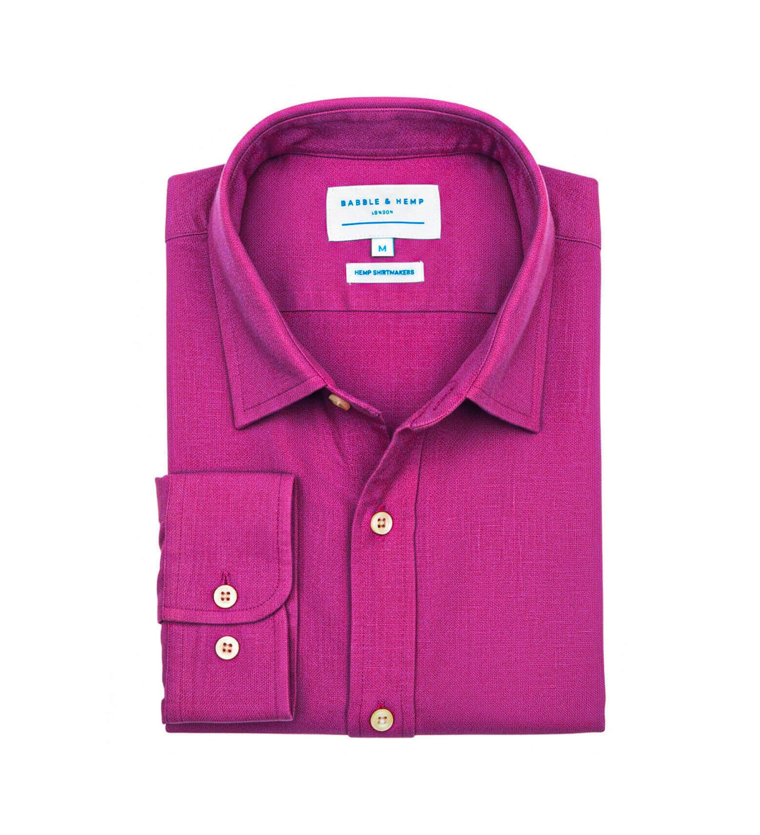 Product shot of folded purple hemp shirt with a label on a white background
