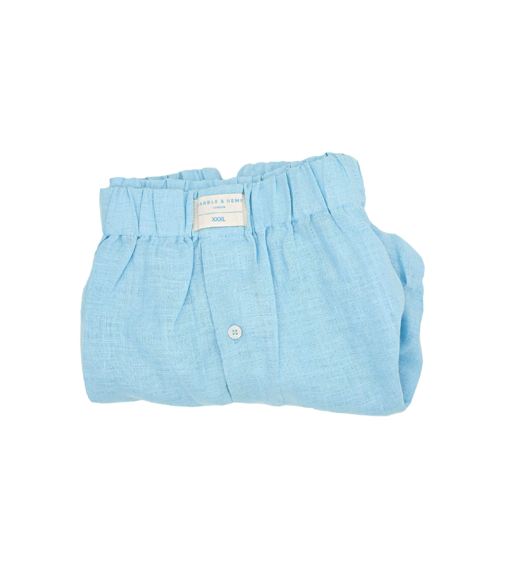 Folded light blue hemp boxer shorts with a visible brand label on a white background