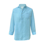 Light blue shirt on mannequin a white background. The shirt is made from soft, sustainable hemp fabric