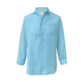 Light blue shirt on mannequin a white background. The shirt is made from soft, sustainable hemp fabric