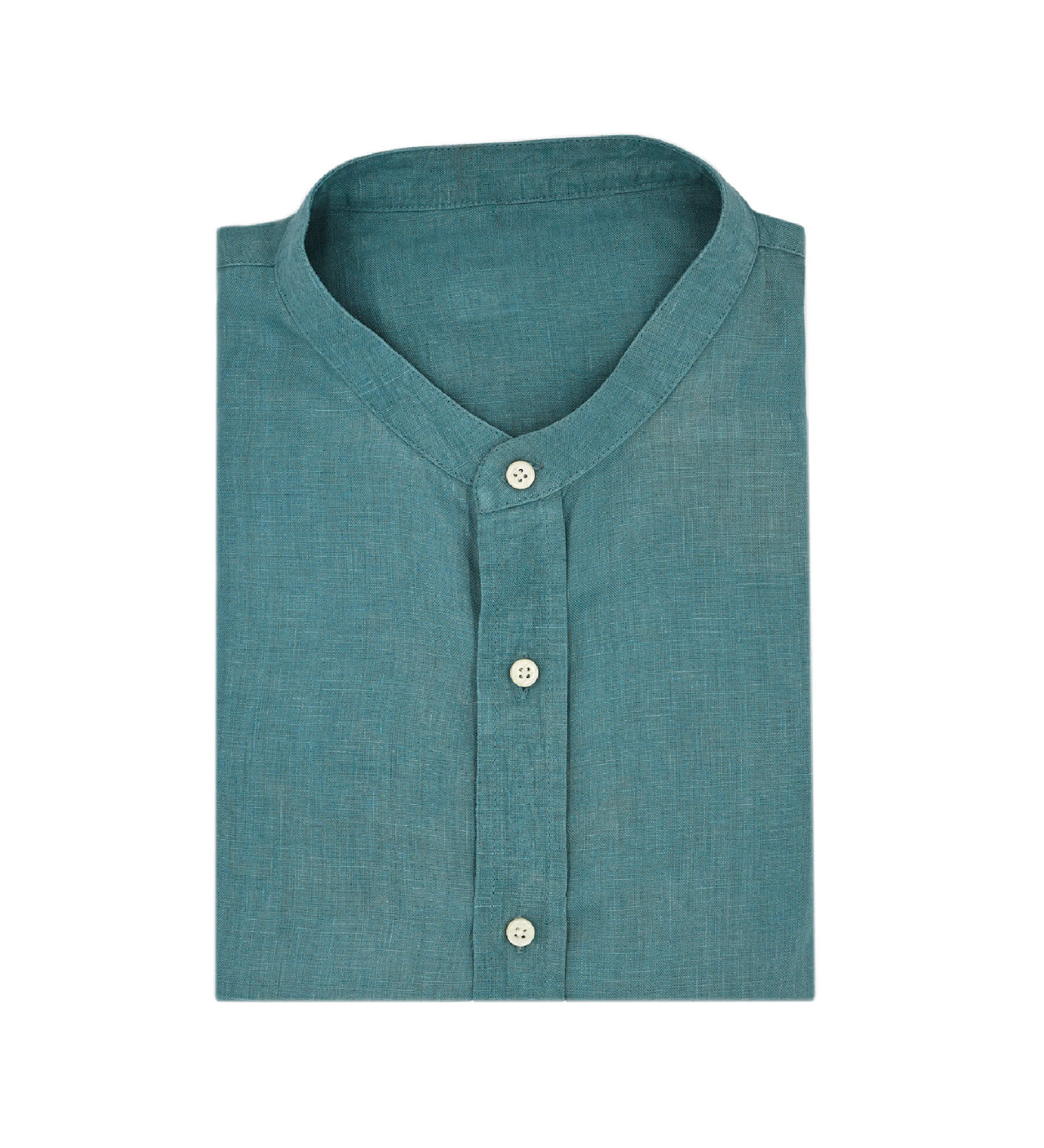 Neatly folded teal shirt made from eco-friendly hemp fabric and with small mandarin collar on a white background