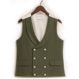 green hemp waistcoat worn to weddings or royal ascot hangs from Wooden hanger