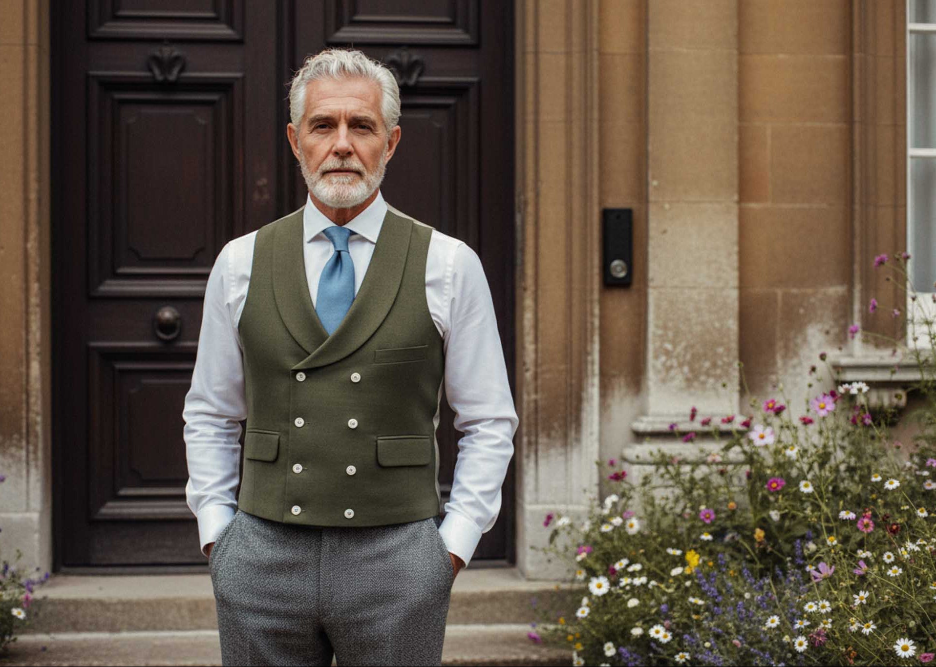 man in formal waistcoat made from hemp fabric in green colour standing in front of smart door and flowerbed