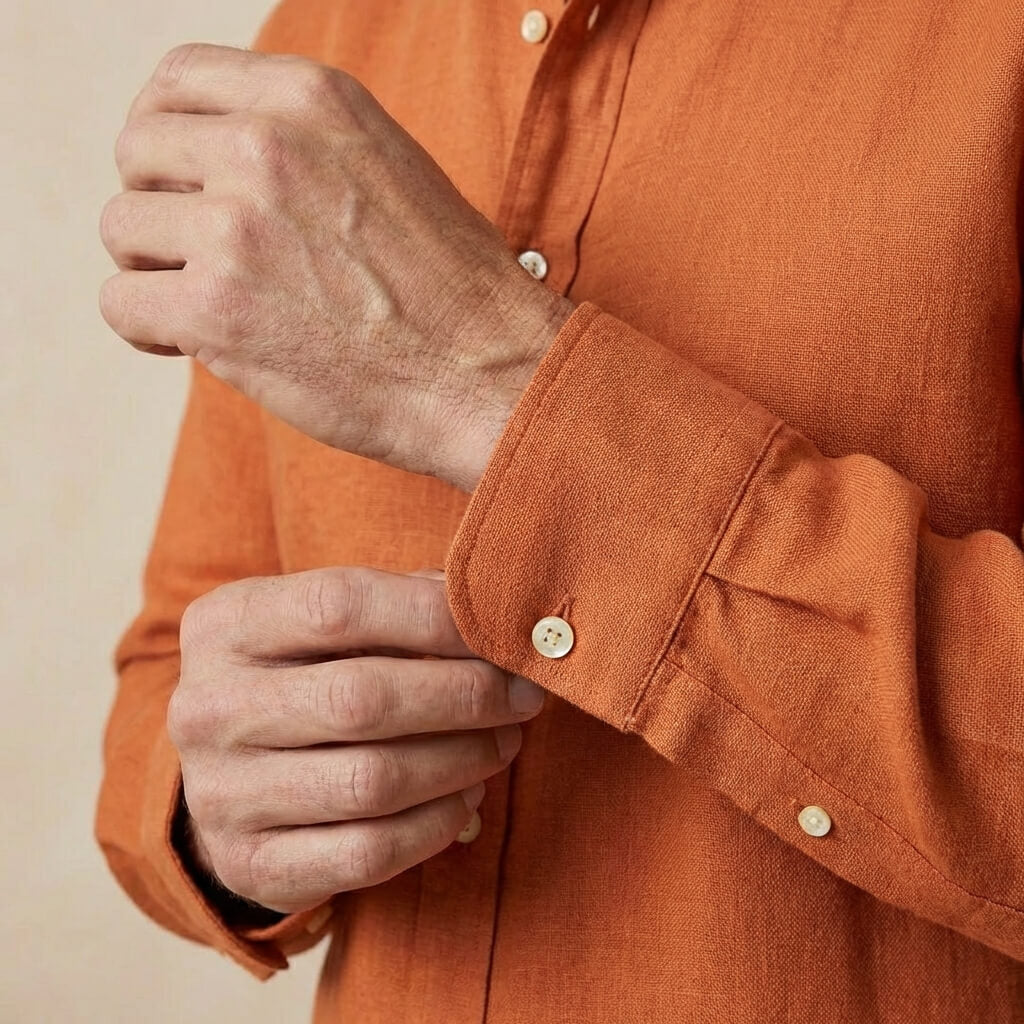 closeup shot of the cuff and button  being fastened on a hemp shirt colour terracotta