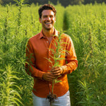 Man holding a plant in a field of greenery wearing a terracotta coloured hemp shirt