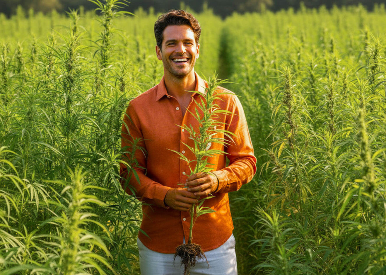 Man holding a plant in a field of greenery wearing a terracotta coloured hemp shirt
