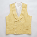 a flatlay image of a smart hemp waistcoat with double breasted buttons and shawl lapel in colour yellow