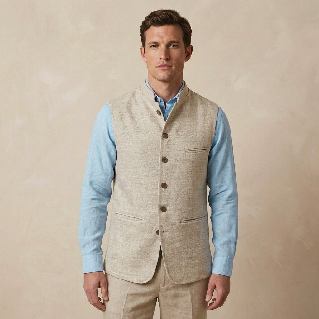 Man wearing a beige nehru gilet over a light blue shirt on a beige background