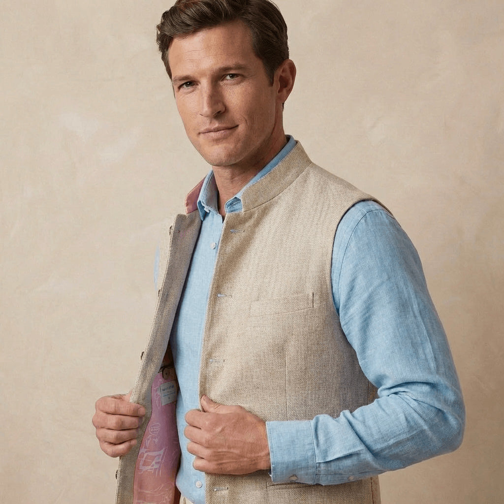 Man wearing a light blue shirt and beige nehru gilet made of hemp against a beige background