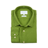 A folded green hemp shirt by Babble & Hemp, featuring a classic collar, button-down front, and a single-button cuff, displayed on a clean white background.