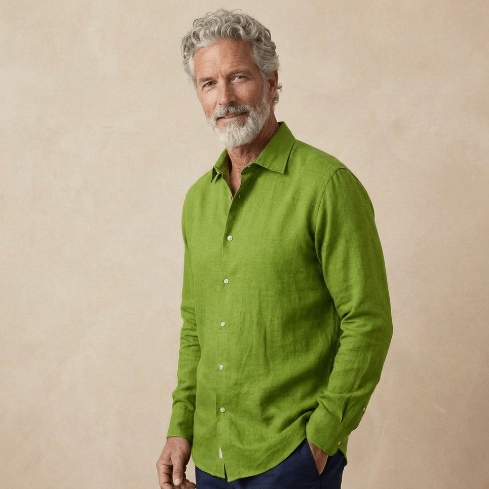 Man wearing a green hemp shirt against a beige background
