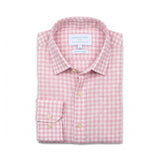 A folded long-sleeve hemp shirt by Babble & Hemp, featuring a pink and white gingham check pattern with light wood buttons and a single-button cuff.
