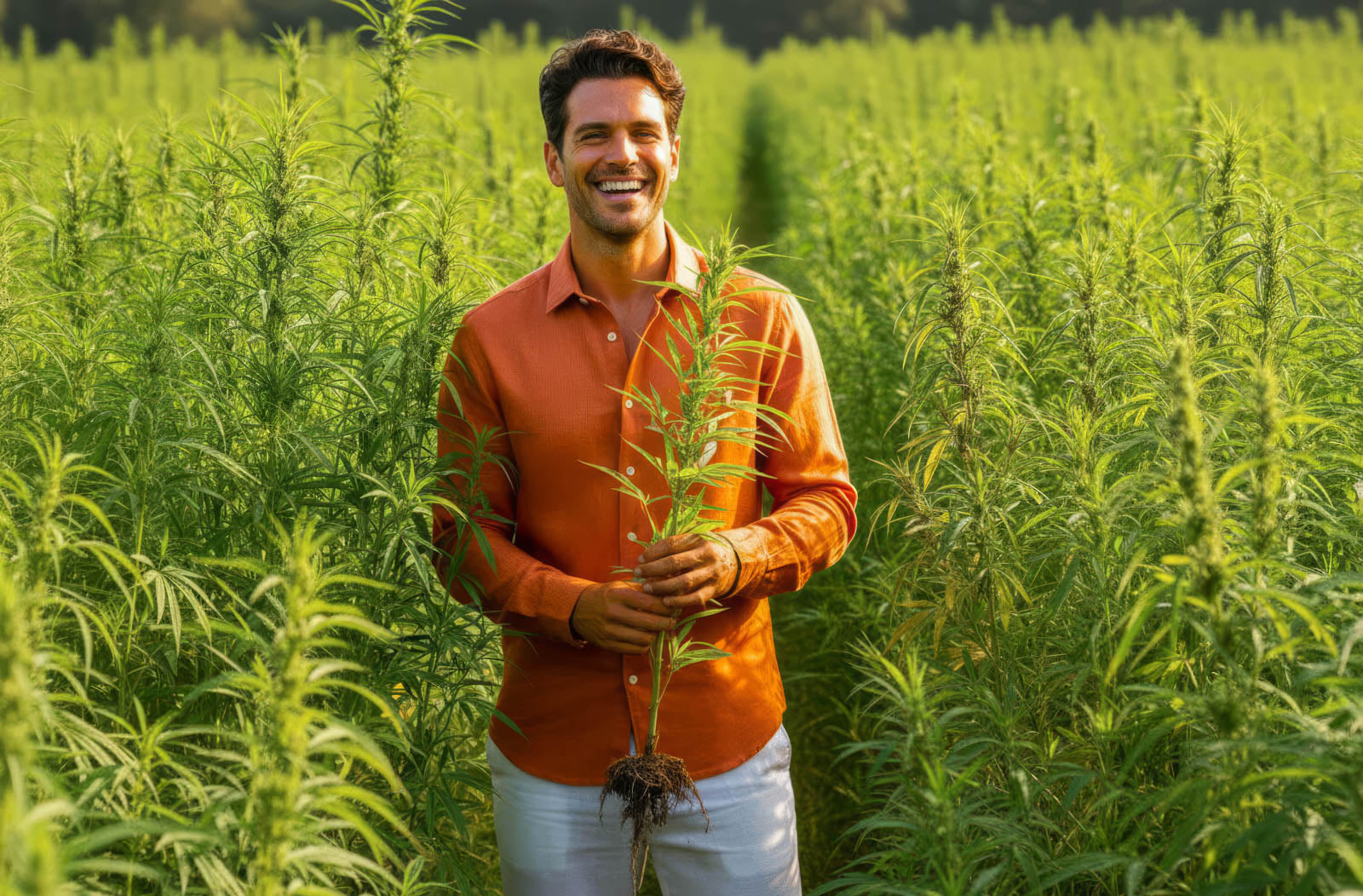 Man wearing a terracotta colour hemp shirt holding a hemp plant in a field of greenery