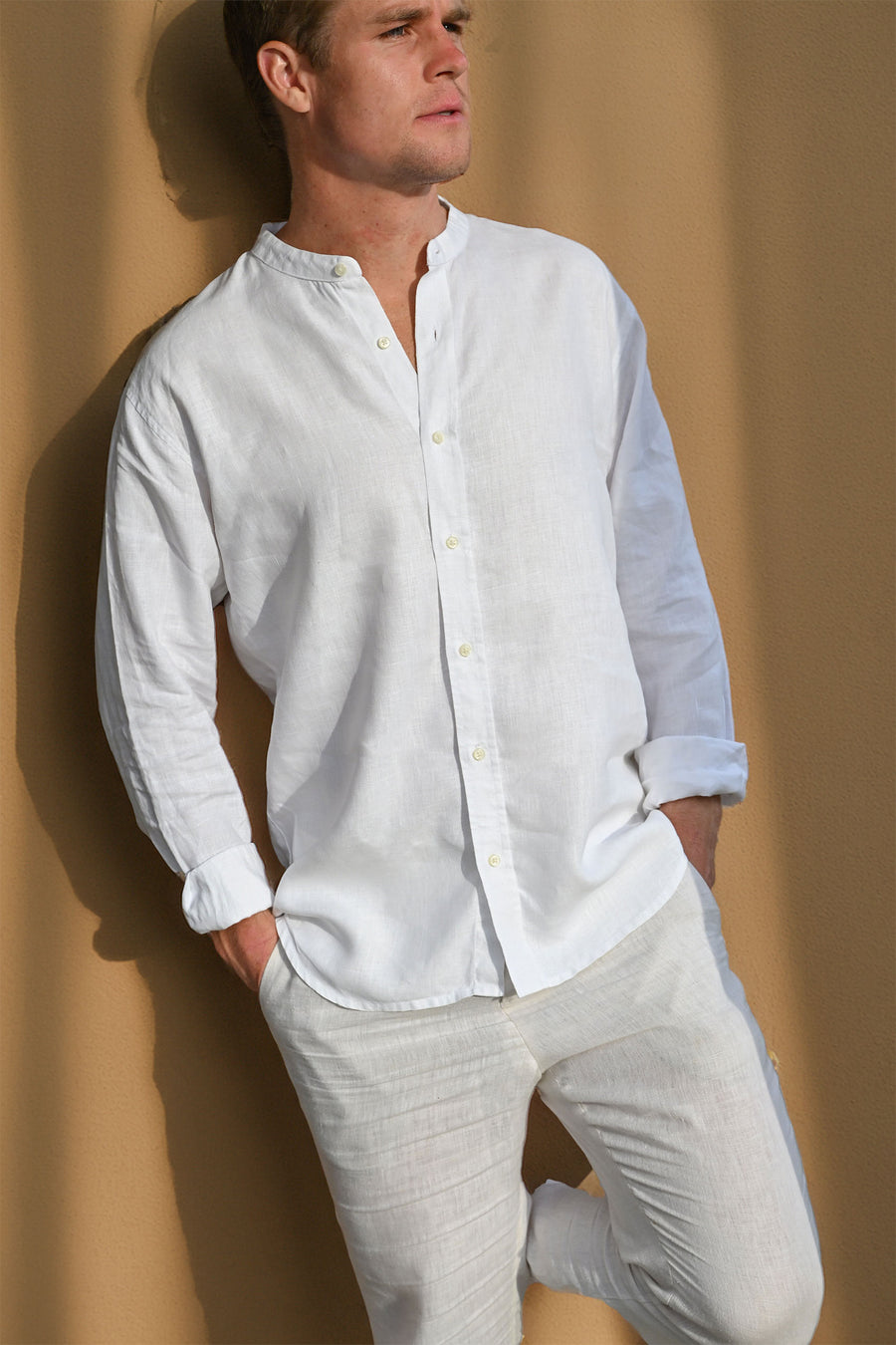 Leh White Collarless Hemp Shirt