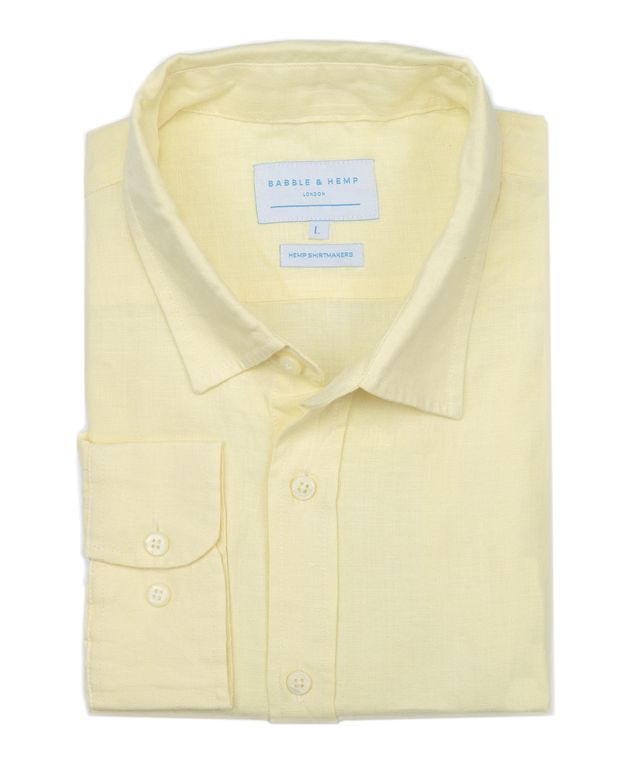 a product image of a yellow hemp shirt which is eco friendly