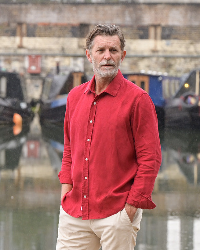 a picture of a male model wearing a red hemp shirt